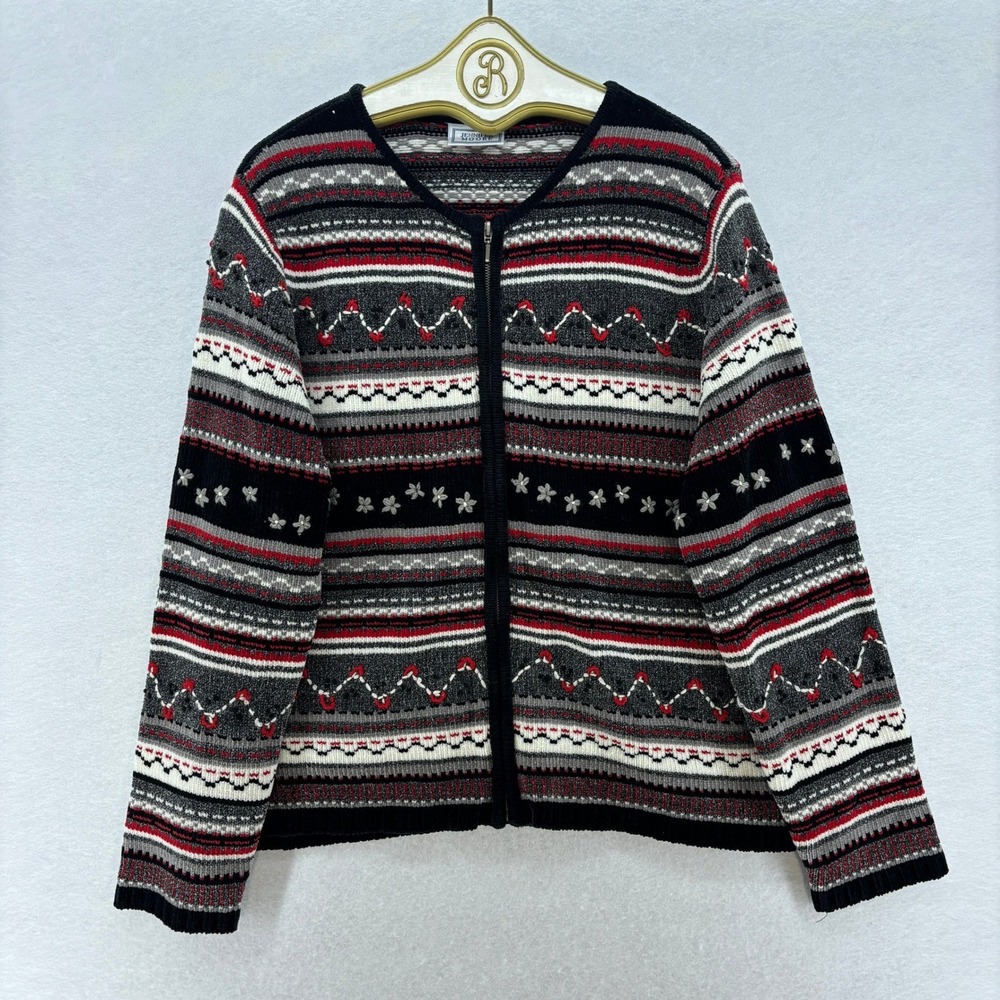 Jennifer Moore Fair Isle Zip Up Sweater LARGE Red Black Gray White Cardigan y2k